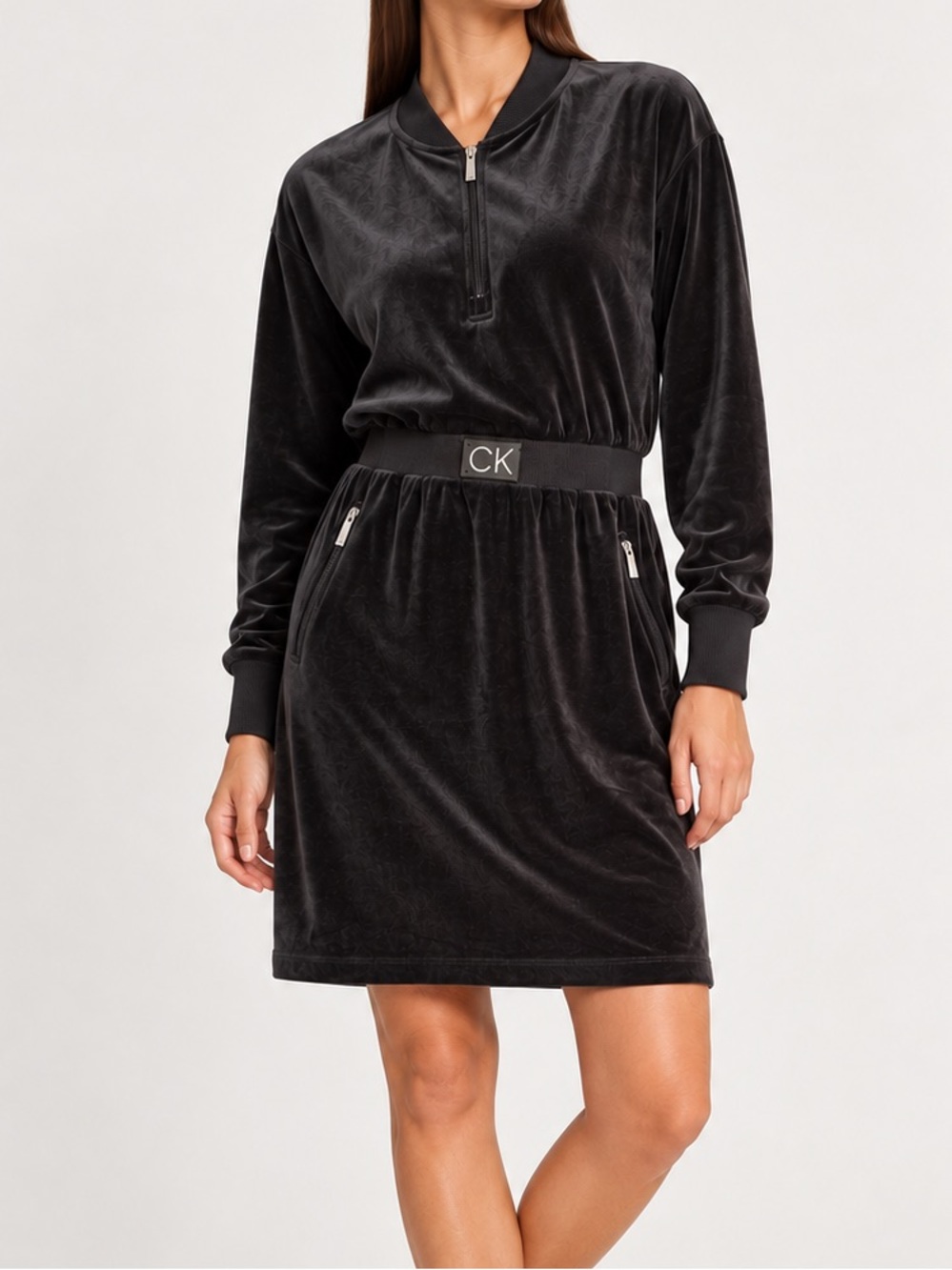 Calvin Klein Black Velour Zip-Front Bomber Dress